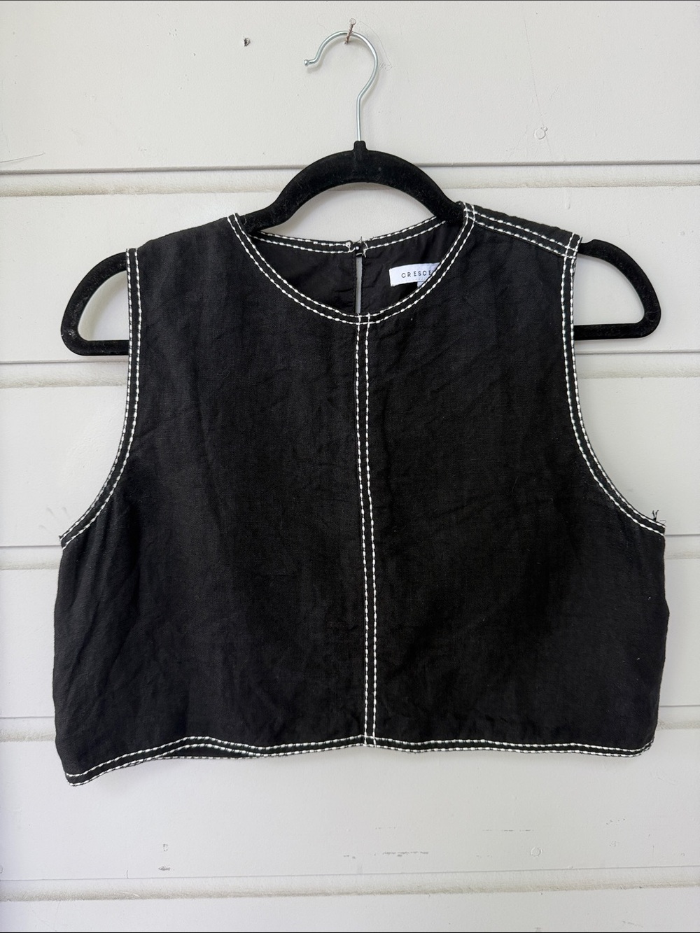 Crescent Black Cropped Sleeveless Top with White Stitching